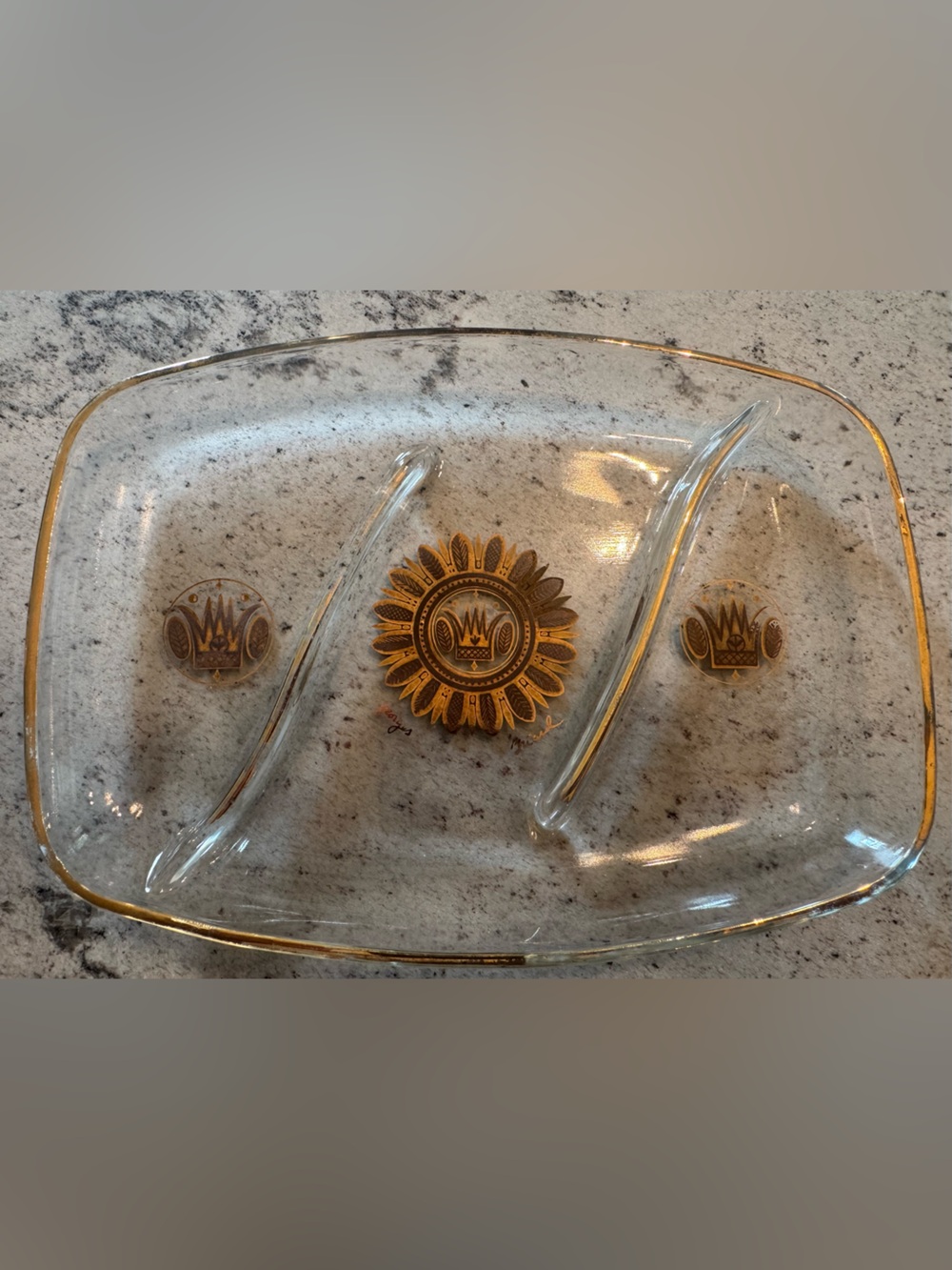 Gold-Trim Clear Glass Divided Serving Tray with Sunburst Medallions